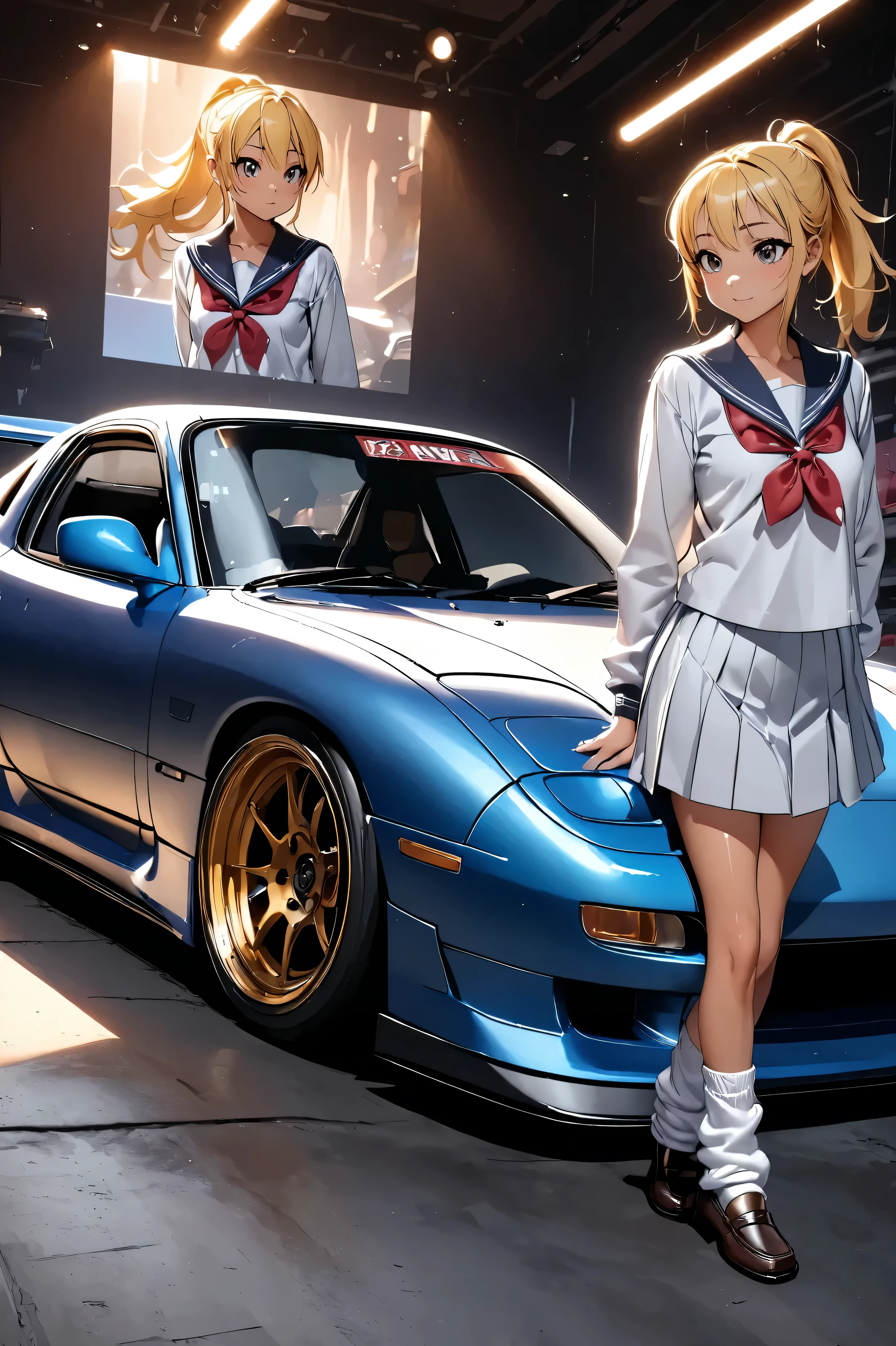 One bad high school girl posing next to a tuned MAZDA RX7, Sailor suit, loose socks, loafers, glossy brown skin, small breasts, video, Yellow Hair, ponytail,   Textured Skin,  high detail,  movie light effect,  anatomically correct,  best quality , 