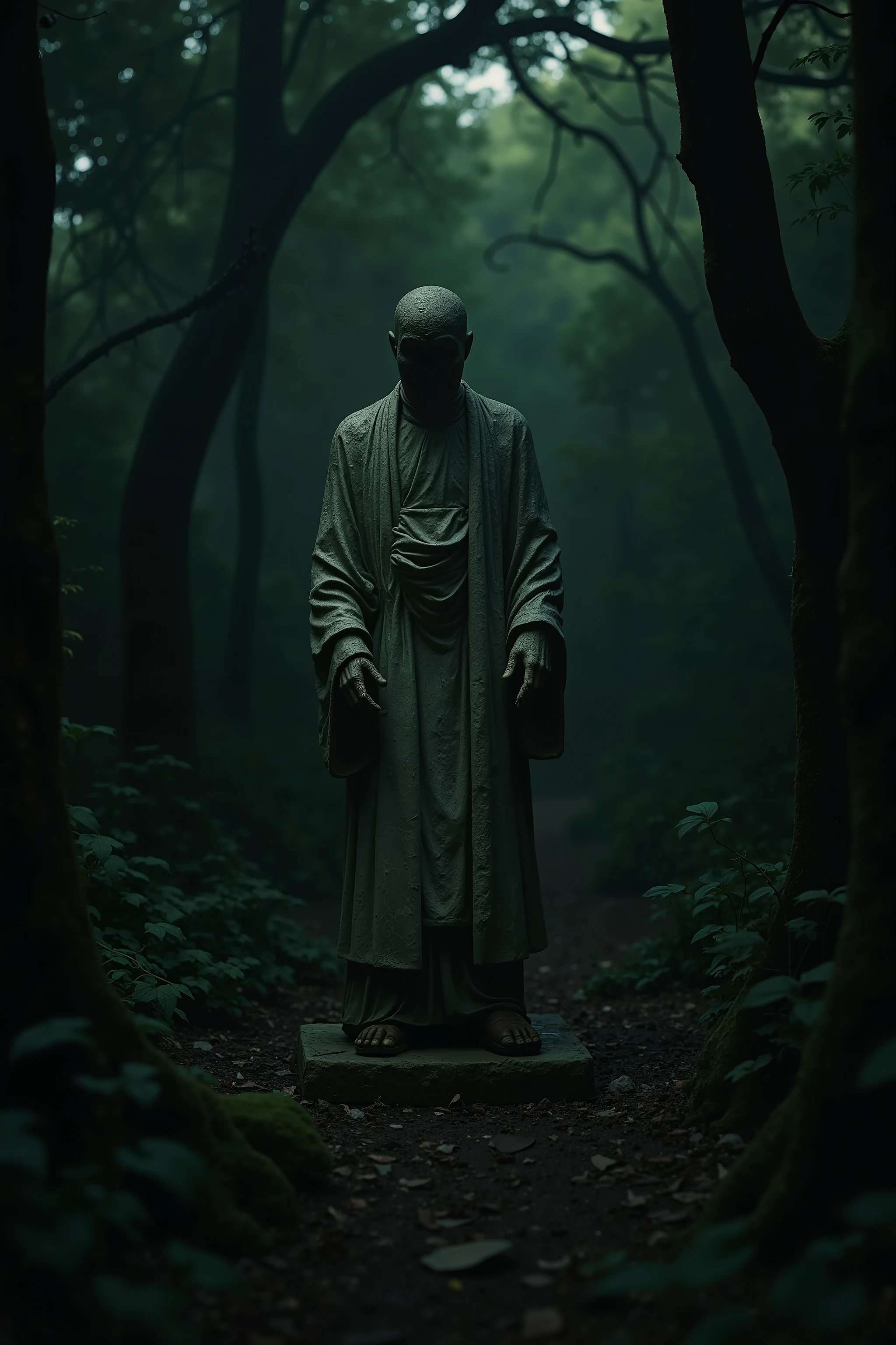realistic photo of an abandoned statue in a dark forest, the statue is lost its head, the statue made of stone and broken, statue wear a monk costume, horror element, cinematography, wong-kar wai