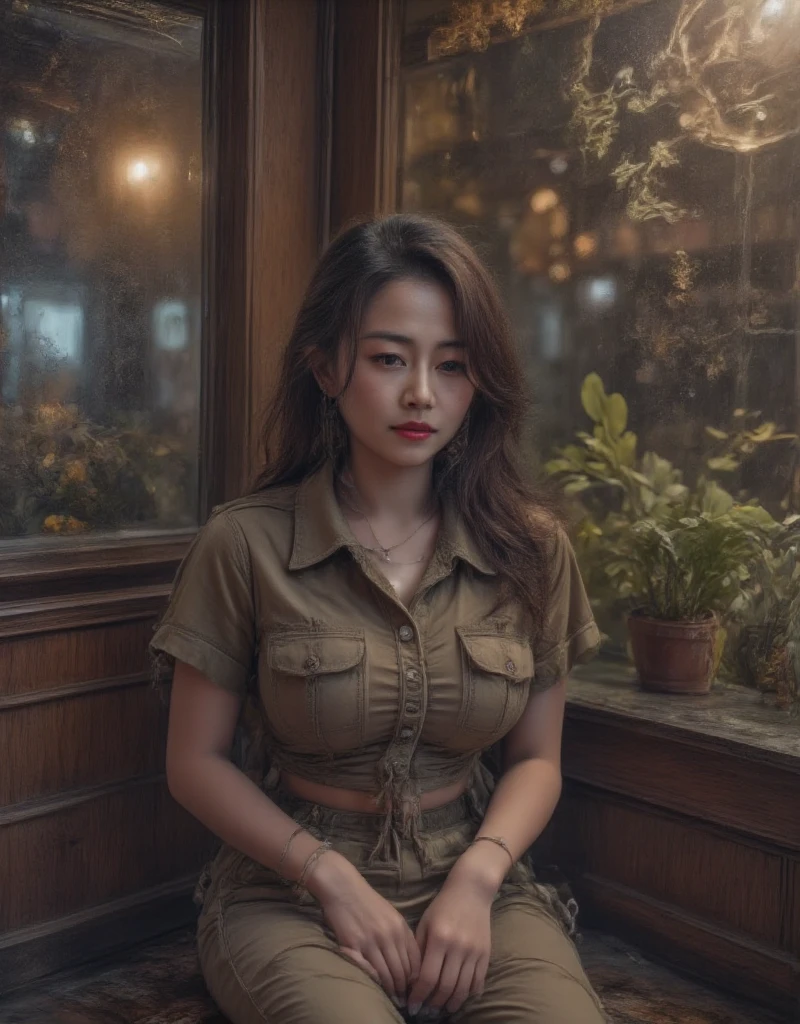 Professional Photography, Wong Kar-Wai's movie lighting style,   on a charming sad oriental beauty in a vintage shirt and vintage khaki pants,   She has long messy straight hair  , She is looking down, Sitting in the corner of the restaurant and leaning back , The window with raindrops , Set in 1980s Hong Kong , Bokeh