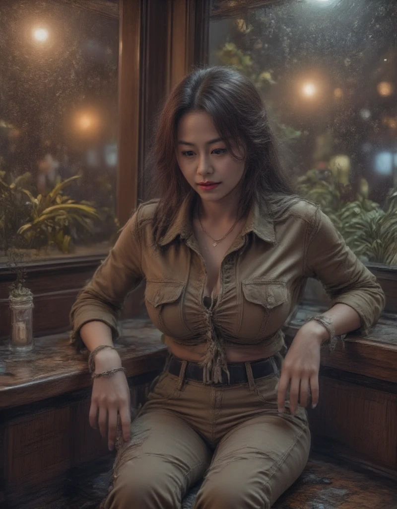 Professional Photography, Wong Kar-Wai's movie lighting style,   on a charming sad oriental beauty in a vintage shirt and vintage khaki pants,   She has long messy straight hair  , She is looking down, Sitting in the corner of the restaurant and leaning back , The window with raindrops , Set in 1980s Hong Kong , Bokeh