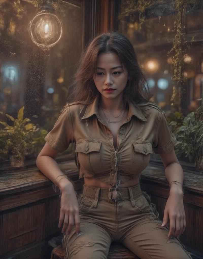 Professional Photography, Wong Kar-Wai's movie lighting style,   on a charming sad oriental beauty in a vintage shirt and vintage khaki pants,   She has long messy straight hair  , She is looking down, Sitting in the corner of the restaurant and leaning back , The window with raindrops , Set in 1980s Hong Kong , Bokeh