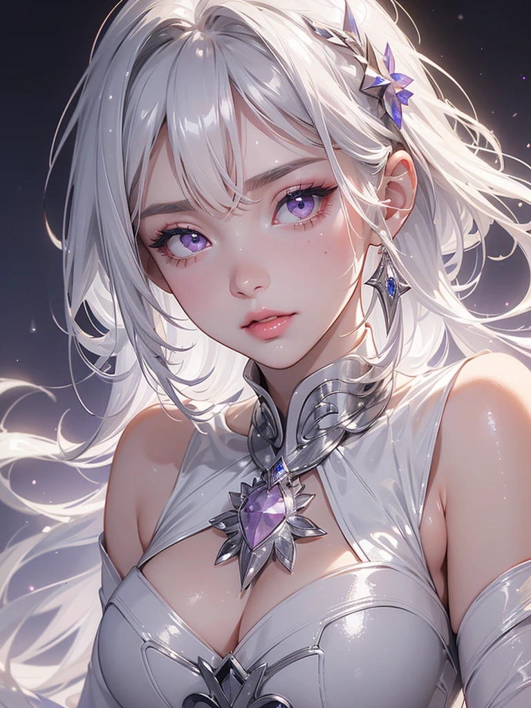masterpiece, best quality, high resolution, closeup portrait, a female, lavender hair, white magician, White magician clothes, amazing composition, front view, HDR, ultra quality, elegant, highly detailed, mature woman, beautiful lady, smile