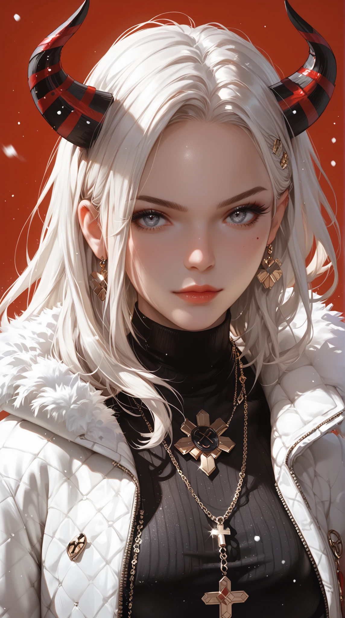 Close-up of the chest to the head :
  a beautiful young Japanese girl .
 white hair , Chanel style, fluttering. 
 Crystal gray eyes ,  expressive, bioluminescentes. 
 snow-white skin .
 2 demonic horns on the forehead .
 dressed in a black overcoat , Open.
Black top color , short, Tight,  showing the entire contour and volume of the breasts.
expression: of anger, hatred. 
battle pose.
Distance effect . 
Dull effect .
center of the image.
 Simple red background .
