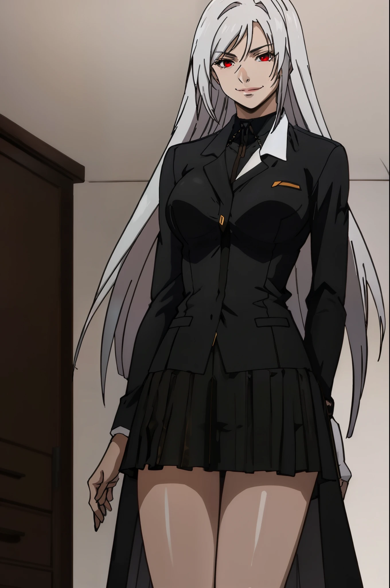 missionary pose,  white hair,  red eyes, smile,( full length ), in the room, black clothes, skirt 