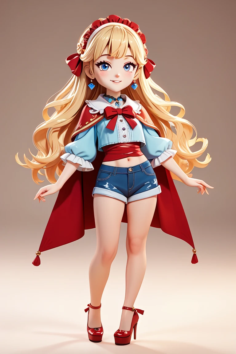 Create a stylized and detailed 3D model of a beautiful girl in anime style but it's 3d animation. Image is a digital artwork featuring a young girl with light fair skin and almond-colored eyes, she's pure and lively. The character has an gracious, tidy, curling, blonde hair and wears an intricate costume consisting most of white, red, blue and pink, she Also has a red and white cape flowing behind her exposing her shoulders, showing a short top revealing her midriff and high-waisted blue shorts. The outfit includes red ribbons wrapped around her legs and red high heels. There's a red adornment in her hair. The model should be well-lit with soft shadows, showing accurate proportions and anatomical details suitable for game or animation character design. The background should be neutral or simple, ensuring the focus on the character. High resolution, intricate textures, and consistent design across all perspectives. 