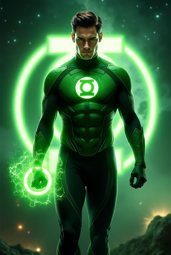 Generate an image of the Green Lantern with a new custom suit. include Letterman's jacket with his suit.