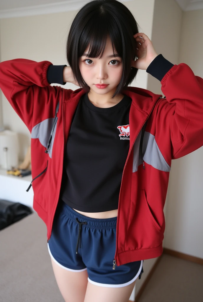 suguha kirigaya , short hair, black hair, hair ornament, hairclip, green eyes, jacket, shorts, short shorts, blue shorts, track jacket, dolphin shorts, gym shorts, red jacket, shirt, black shirt,Masterpiece、 realistic,  best quality  , Real Life Photos ,  close-up、 dynamic pose while changing clothes 、  sexy pose、　Big Breasts,  8k,  RAW portrait 、,Masterpiece、 realistic, Ultra-fine ,  best quality  , Real Life Photos ,  close-up、