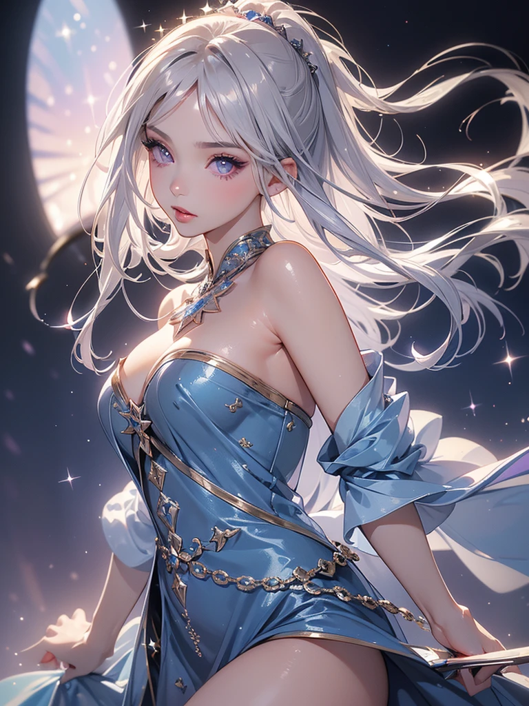 Night view,star,（White Hair Girl:1.5）,（（masterpiece））、（detailed：1.4）（close）、Top view、（Backlight）(A fantastic atmosphere、Ancient capital、Amazing beauty images,One Woman、white dust、Light and dance-like、Suspended particles), (Black Dress、Long dress with sleeves、Exposing shoulders、Off the shoulder)、（Gray hair that changes with light、length, Lustrous gray hair、WHITE hair fluttering in the wind、Beautiful Bangs:1.3）、（Beautiful white and shining skin、Cheek gloss highlighter、Sexy and very beautiful and adorable face、The most beautiful face in the world、big, Sparkling blue eyes）、（Cute 25 year old girl、Ample breasts、Great cleavage and a tiny waist、Delicate shoulders、Perfect figure）
