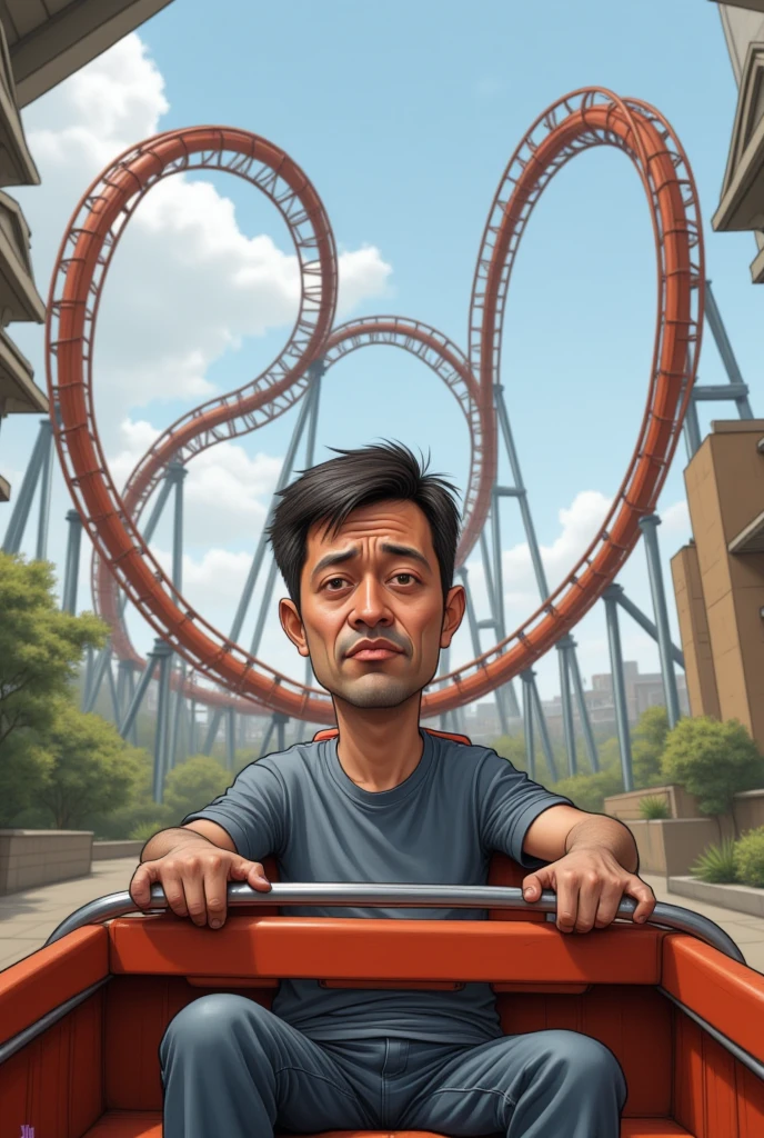  realistic 4d caricature of a young Indonesian man wearing casual clothes riding a long roller coaster alone sitting at the front, flat sad expression