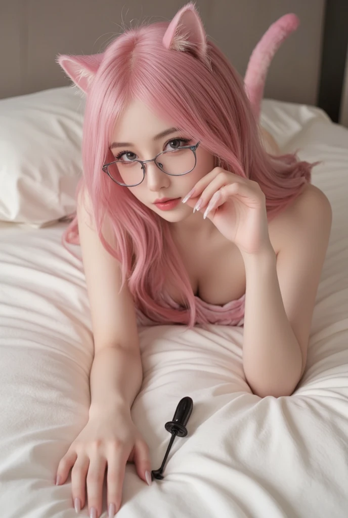 4k, ultra detail, high quality, beautiful korean idol girl with long sharp fingernails, cat ears, cat tail, long pink hair, eyes looking at camera, glasses, nap on the bed, dildo on the bed