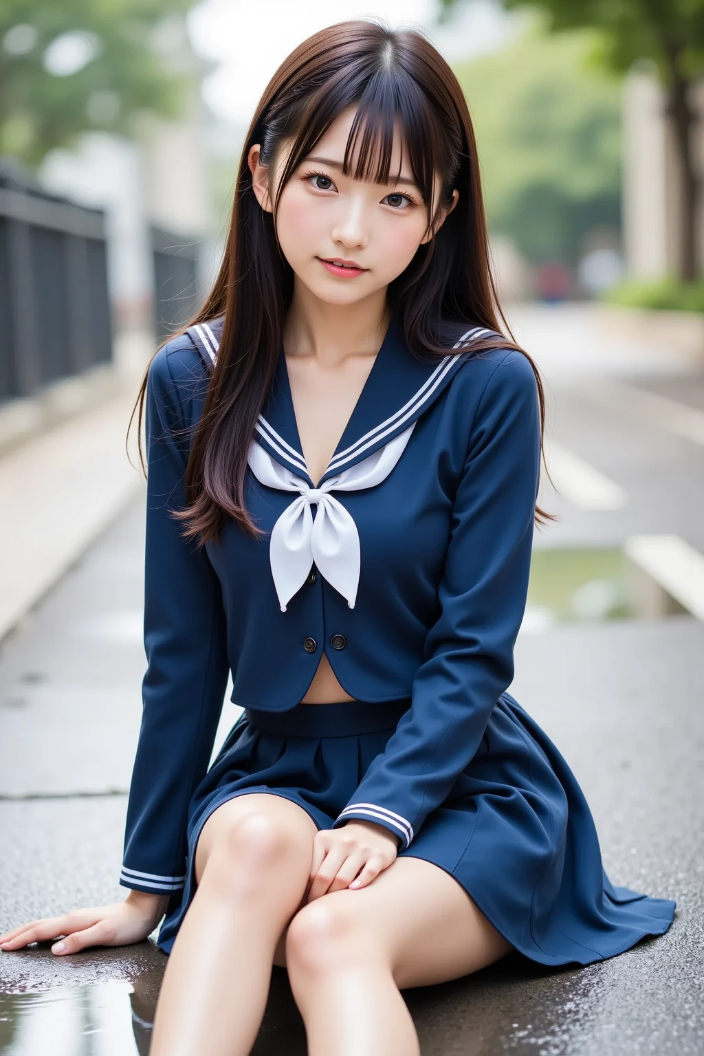  wearing a navy blue skirt and a traditional long-sleeved sailor suit with white accents、Fair-skinned Japanese  ******  professional photo of a girl .  she is sitting on a wet pavement ,  with her legs slightly open ,  Wearing .  composition emphasizes the slight reflection of her white pants in a small puddle .  The image emphasizes her idol-like beauty and 、Clearly ,  smooth skin and delicate facial features .  Soft, Natural Lighting ,  gentle shadows that enhance the texture of the uniform and the reflective surface of the puddle The .  the background is blurred to draw attention to the subject ,  composition creates a quiet yet playful atmosphere, and the .  Photographed with a 50mm lens f  /2. 8 ,  photorealistic aesthetics .