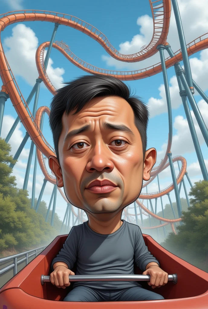  realistic 4d caricature of a young Indonesian man wearing casual clothes riding a long roller coaster alone sitting at the front, flat sad expression