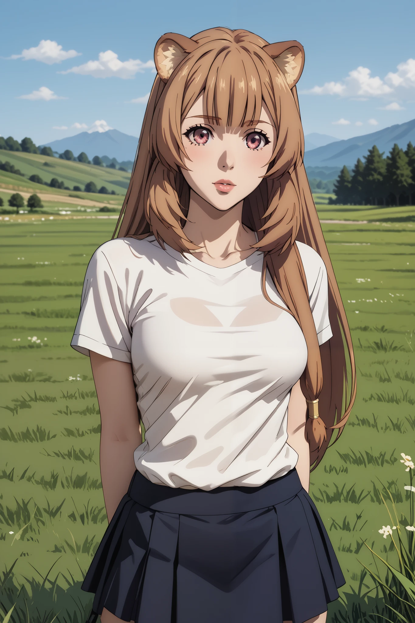 Masterpiece, extremely detailed,4k,solo,kawaii, 1girl, raphtalia, long hair,full body ,perfect slim body ,long legs,arms behind back,perfect slim body,large breasts, ((kawai face)),Klimaks ekspression,(closed lips),white tshirt, mini skirt, cowboy shoot,((grass)), Front look, looking at viewers
