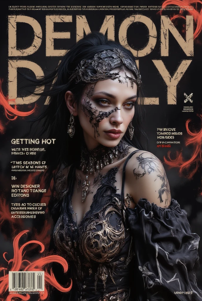 Ultra-detailed magazine cover featuring a terrifyingly grotesque portrait of a female demonic figure. The character has distorted features with hauntingly piercing eyes, sharp, menacing teeth, and eerie, terrifying skin textures. They are adorned in a sexy luxary Dress made of intricate, luxurious fabric, paired with opulent, sparkling jewelry. The setting should evoke a high-fashion photoshoot with dramatic lighting and shadows, accentuating the figure's macabre allure. The magazine title at the top, styled in a bold and modern font, reads 'DEMON DAILY' in capital letters, with other text details such as 'GETTING HOT' as the main headline, and smaller articles listed below, like 'This Season's Mutant Must-Haves,' 'Exclusive Scratch 'n' Sniff Horror Edition,' and 'Win Designer Rotting Accessories.' Include a barcode and date (January 2025) in the bottom corner to give it a realistic magazine look.