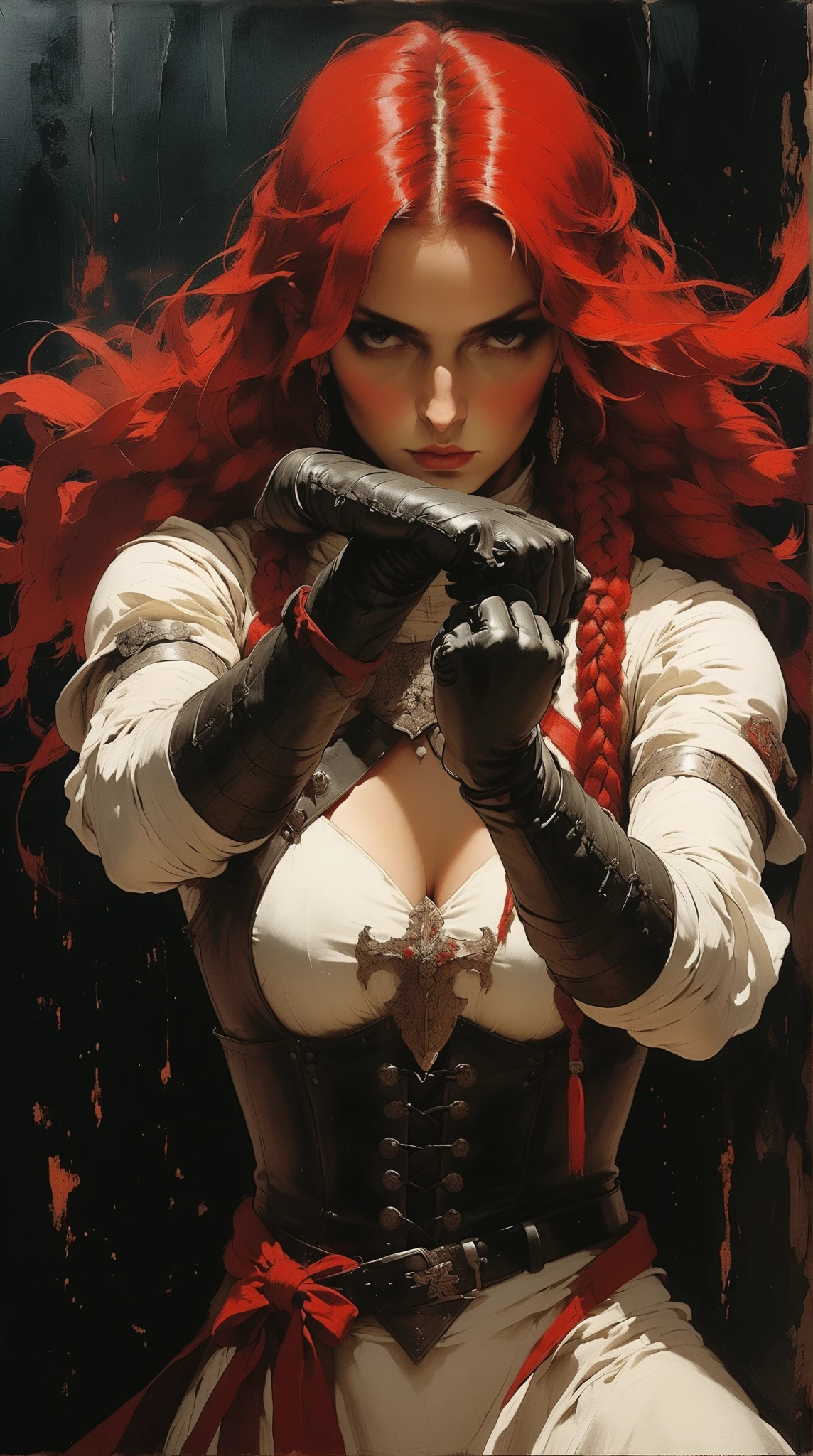 pretty girl , transparent shirt, raised gun on her shoulders, long black tie, Long red hair, red lips,medium breasts((Nipple)), floor full of blood, in a dark room, light reflection effect, smoke effect,best quality, masterpiece, beautiful girl, 8k, High resolution, ultra realistic, extremely detailed face,