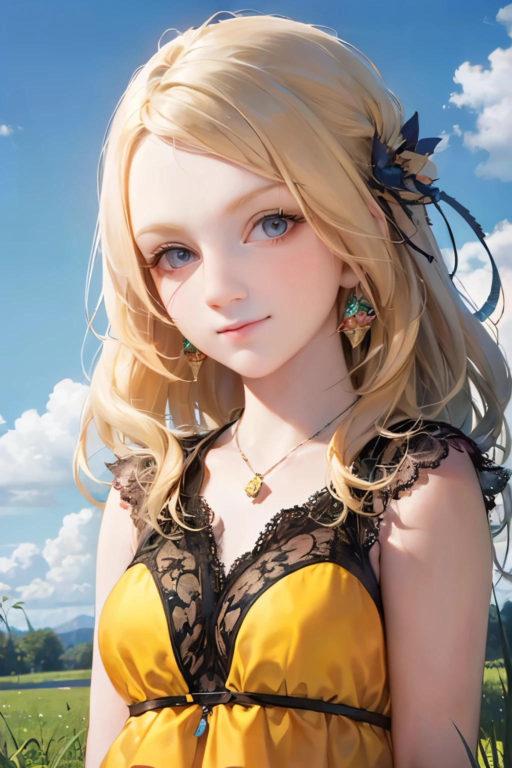 a girl standing in a field, blonde hair, radiant smile, whimsical expression, beautiful detailed eyes, beautiful detailed lips, extremely detailed face, long eyelashes, wearing a colorful flowing dress, fantasy magical realism style, glowing ethereal lighting, vibrant nature environment, lush green grass, blue sky with wispy clouds, golden hour warm tones, (best quality,4k,8k,highres,masterpiece:1.2),ultra-detailed,(realistic,photorealistic,photo-realistic:1.37)