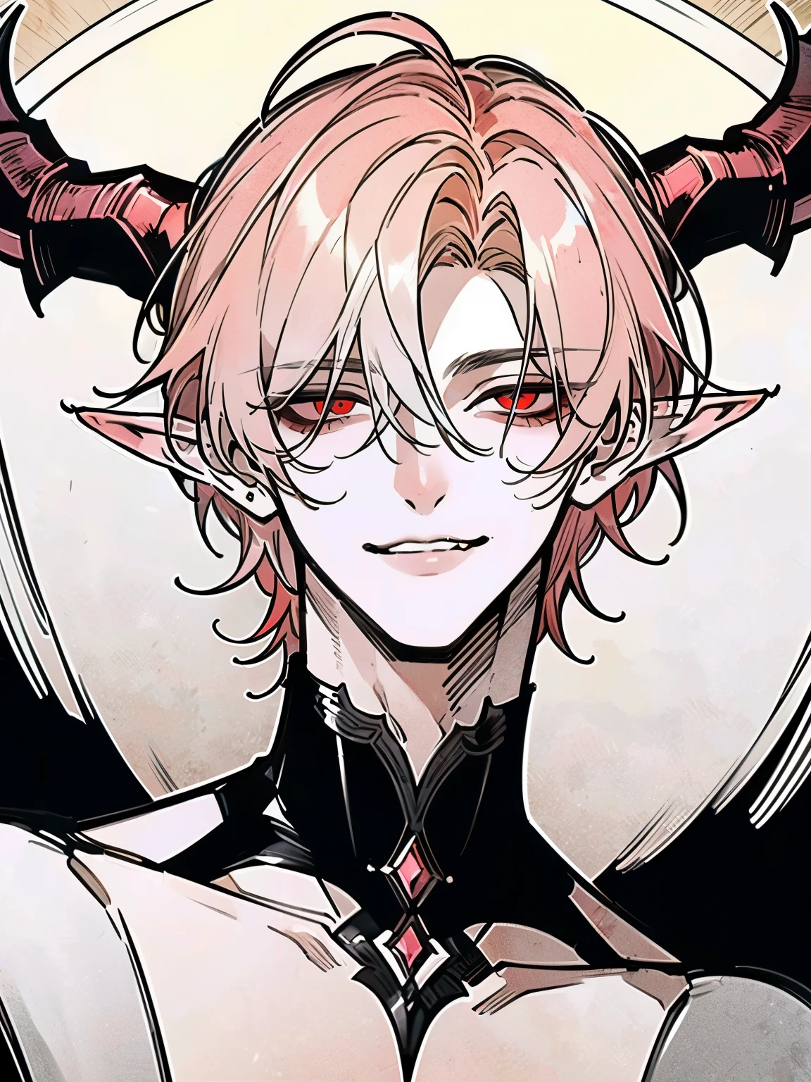 (incubus, male:1.4) (incubus horns and sharp features:1.3), (portrait:1.3), (creepy smile:1.3), Designed by NTY, (Best quality, 4K, 8K, high resolution, masterpiece:1.2), (blood:1.3), mesmerizing male figure exuding dark, otherworldly charisma. Piercing red eyes that shimmer with a sinister glow, (detailed red eyes, ultra-quality eyes:1.3). Short, striking pink hair with a soft, lustrous texture, (pink short hair:1.4), glowing faintly like embers against shadowed surroundings. Anthropomorphic menace: elongated, sculpted elven ears with intricate, delicate edges that enhance his demonic origin and predatory allure. A tall, athletic physique adorned with smooth, flawless skin, marred only by faint scars that speak of ancient battles. Attire: opulent, dark Victorian-inspired clothing made from velvet and silk, accented with intricate golden embroidery resembling infernal sigils. Accessories: ornate jewelry featuring rubies and onyx, their fiery hues mirroring the malice in his gaze. Decorative elements: infernal motifs emphasizing his rank as Duke of Succubi and Incubi, incorporating sharp, angular designs that evoke both his regality and his terrifying, predatory nature. His presence radiates both power and dread, captivating all who dare meet his gaze.