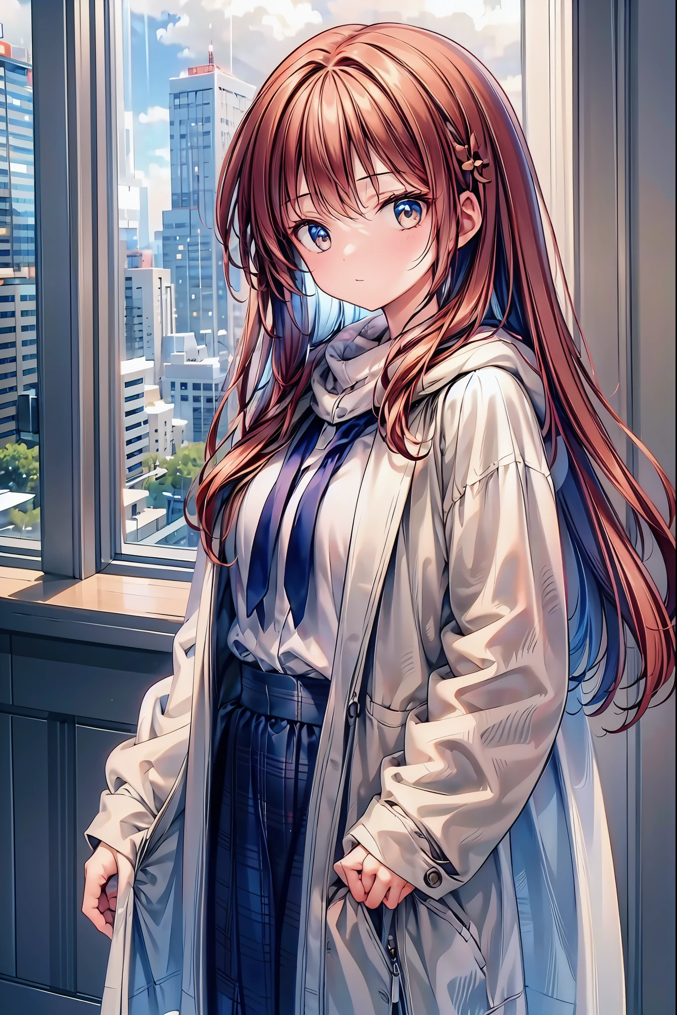 natural light, soft smile,t half up , brown hair, Girl in white coat