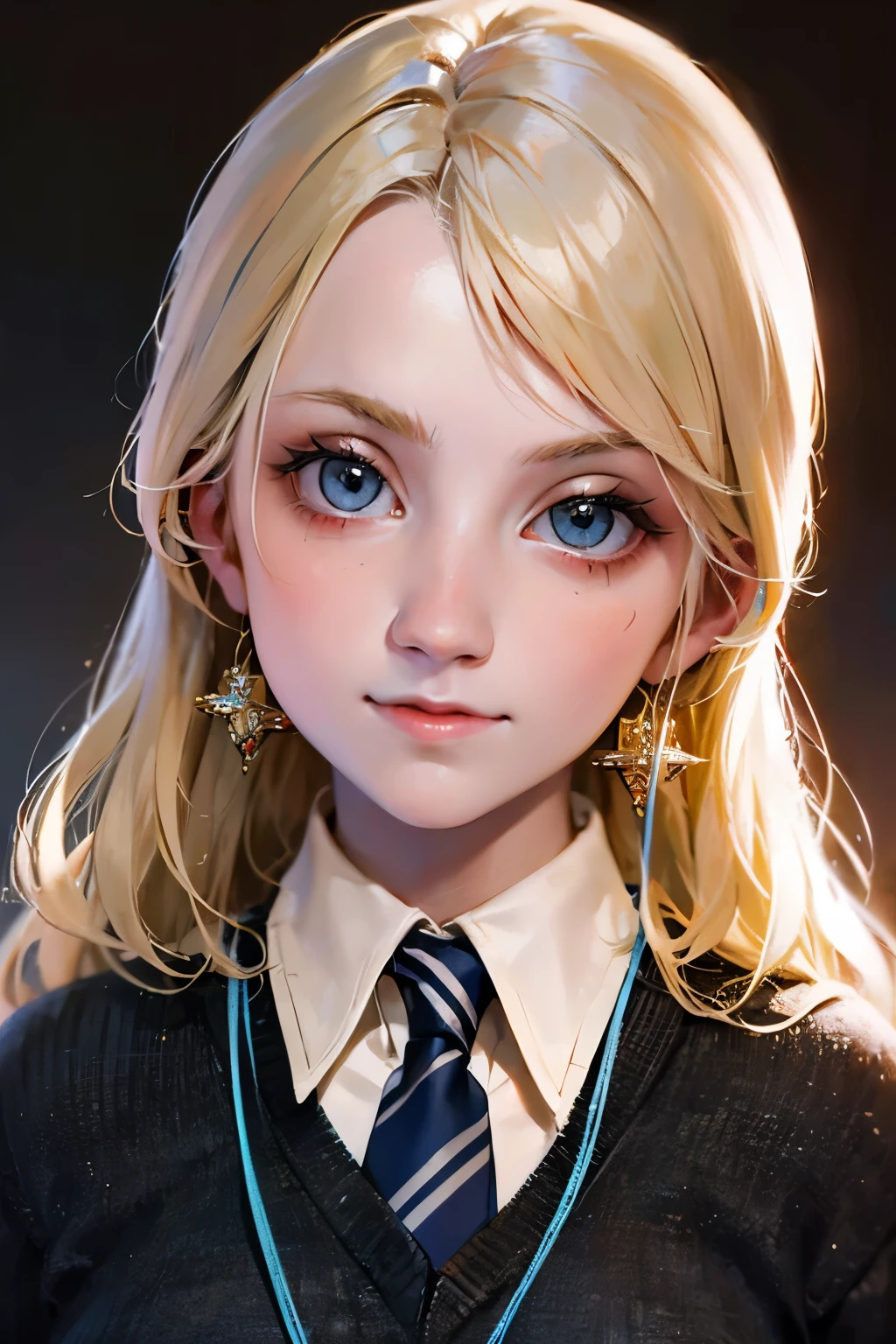 A beautiful young girl with long blonde hair, dreamy blue eyes, and a whimsical expression, 1girl, extremely detailed eyes and face, longeyelashes, delicate facial features, Luna Lovegood, magical fantasy, portrait, cinematic lighting, ethereal, radiant skin, intricate details, soft color palette, glowing aura, impressionistic, (best quality,4k,8k,highres,masterpiece:1.2),ultra-detailed,(realistic,photorealistic,photo-realistic:1.37)