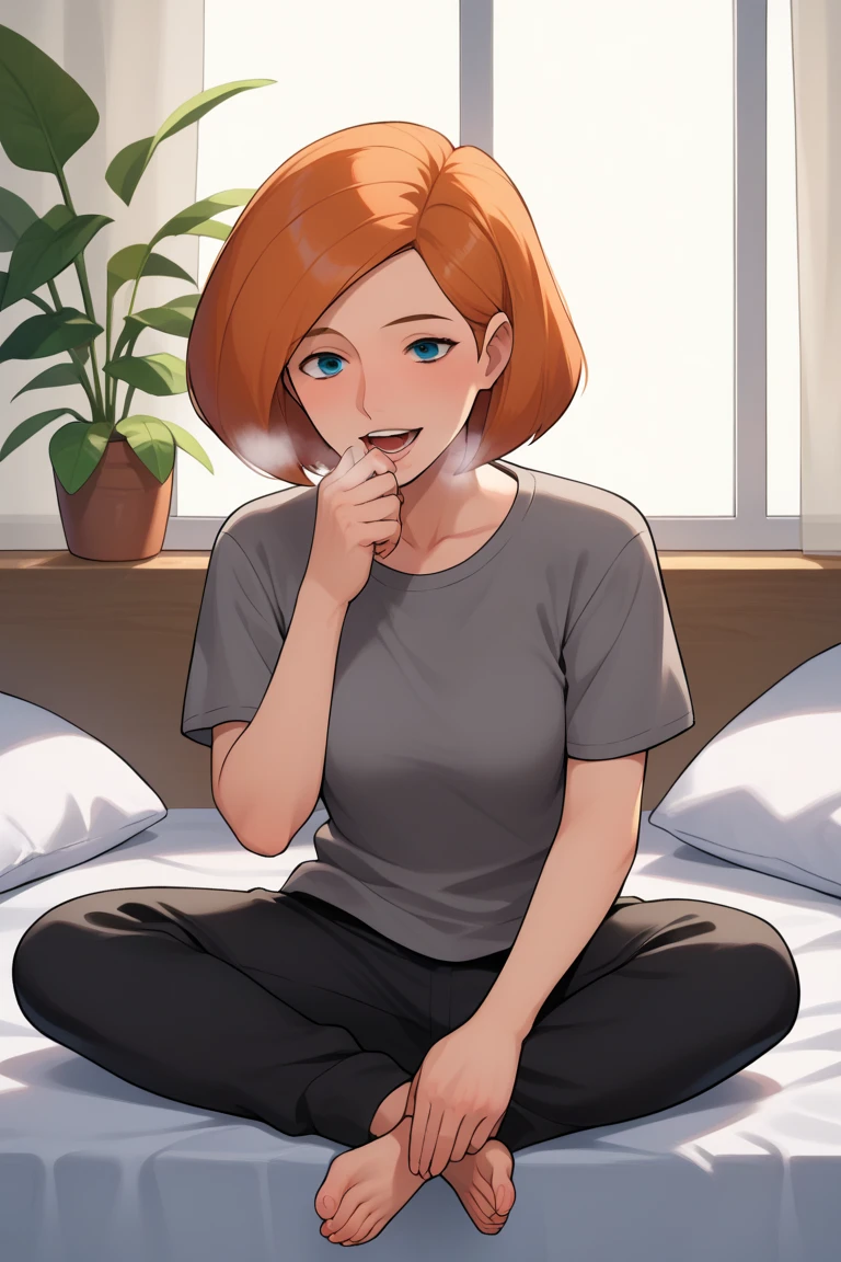 score_9, score_8_up, score_7_up, BREAK, 1girl, solo, breasts,  annpossible, mature female, gray oversized shirt,  short sleeves, black pajama pants, looking at viewer, smile, full body, bedroom background, sitting on bed, hand over mouth, checking her breath, smelling her breath, open mouth, palm of her hand