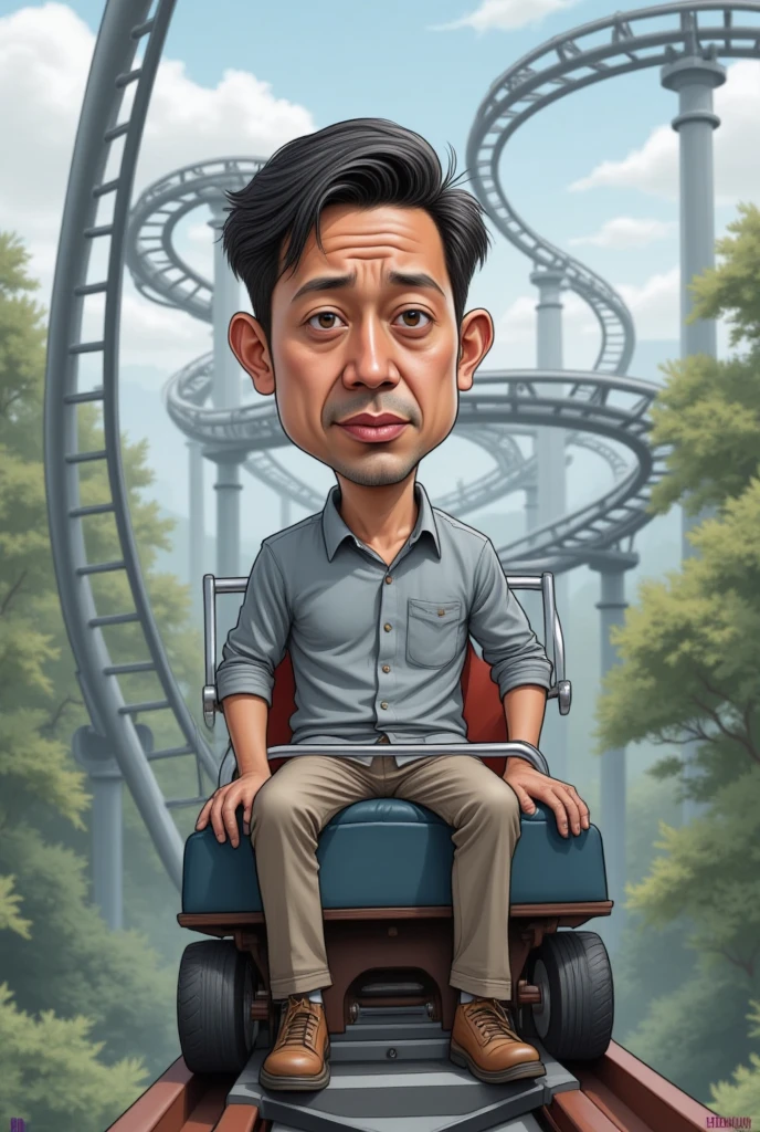  realistic 4d caricature of a young Indonesian man wearing casual clothes riding a long roller coaster alone sitting at the front, flat sad expression