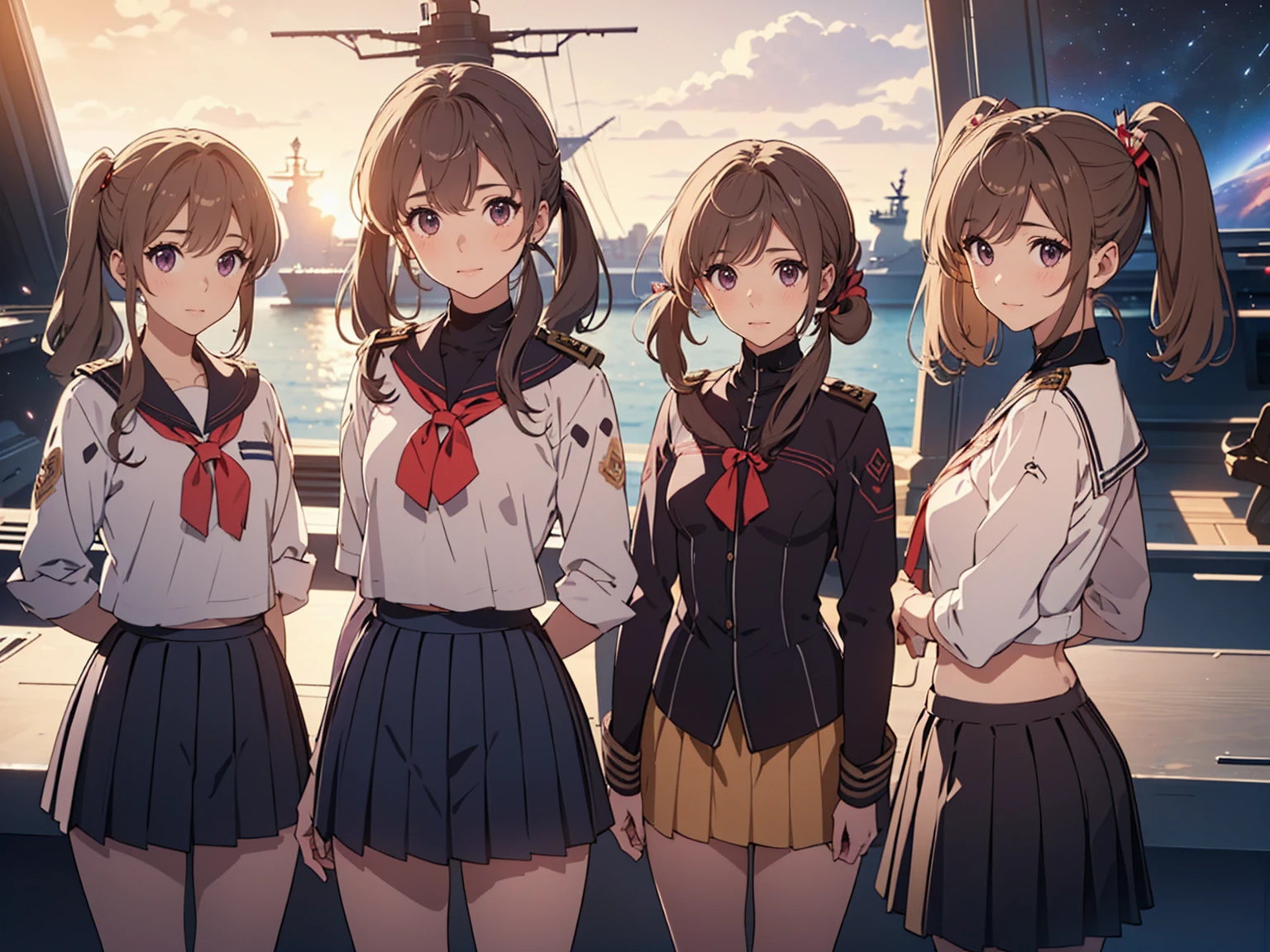 (( best quality , 8k, masterpiece:1.3)), concentrated:1.2, Perfect Body Beauty:1.4,  highly detailed face and skin textures with hair hiding the chest,  beautiful eyes,  double eyelids, break,(Misaki Yurina :1.5), (Space Battleship Yamato), (short Hair:1.5), (wind, Floating Hair:1.1)、( Twin Tails:1.5)、bangs, blunt bangs , ( purple eyes:1.1),Navy Hair, break, (Perfect hands, perfect anatomy),(small breasts:1.0),(small head:1.5),(scrawny legs: 1.3),((wide hip:1.5)),((pale bule skin)), break, (looking at viewer:1.3), break, ,((naval uniform,skirt:1.5))、 BREAK Upper Body 、cowboy shot, (( standing picture :1.5))、((3 girls:1.5))、