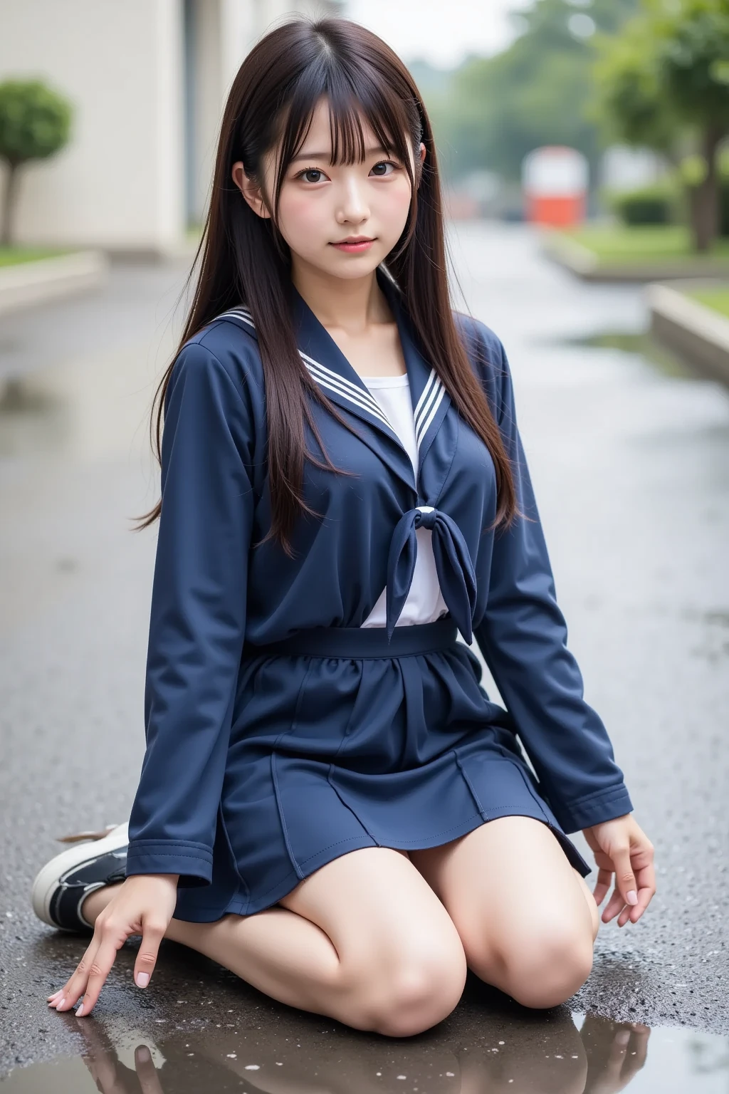  wearing a navy blue skirt and a traditional long-sleeved sailor suit with white accents、Fair-skinned Japanese  ******  professional photo of a girl .  she is sitting on a wet pavement ,  with her legs slightly open ,  Wearing .  composition emphasizes the slight reflection of her white pants in a small puddle .  The image emphasizes her idol-like beauty and 、Clearly ,  smooth skin and delicate facial features .  Soft, Natural Lighting ,  gentle shadows that enhance the texture of the uniform and the reflective surface of the puddle The .  the background is blurred to draw attention to the subject ,  composition creates a quiet yet playful atmosphere, and the .  Photographed with a 50mm lens f  /2. 8 ,  photorealistic aesthetics .