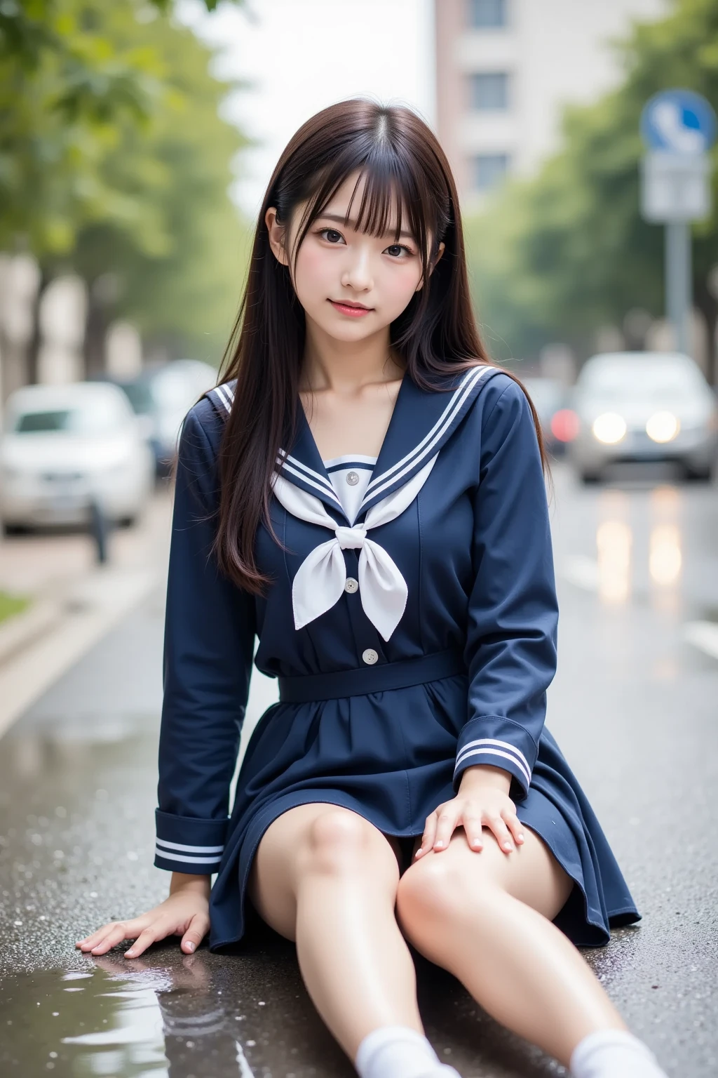  wearing a navy blue skirt and a traditional long-sleeved sailor suit with white accents、Fair-skinned Japanese  ******  professional photo of a girl .  she is sitting on a wet pavement ,  with her legs slightly open ,  Wearing .  composition emphasizes the slight reflection of her white pants in a small puddle .  The image emphasizes her idol-like beauty and 、Clearly ,  smooth skin and delicate facial features .  Soft, Natural Lighting ,  gentle shadows that enhance the texture of the uniform and the reflective surface of the puddle The .  the background is blurred to draw attention to the subject ,  composition creates a quiet yet playful atmosphere, and the .  Photographed with a 50mm lens f  /2. 8 ,  photorealistic aesthetics .