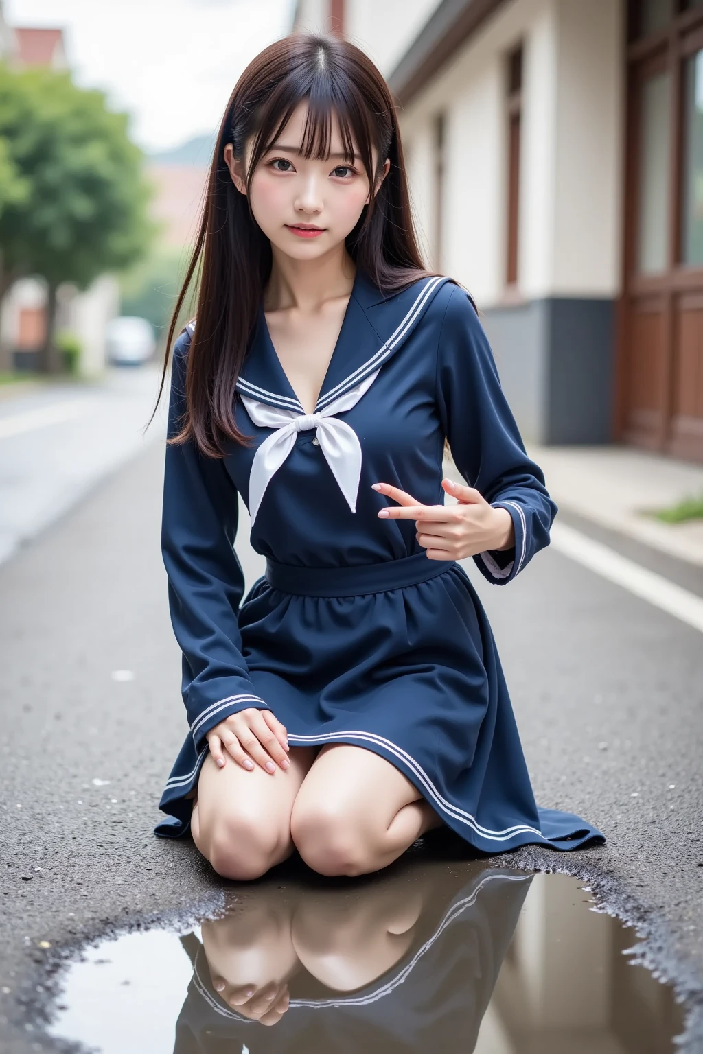  wearing a navy blue skirt and a traditional long-sleeved sailor suit with white accents、Fair-skinned Japanese  ******  professional photo of a girl .  she is sitting on a wet pavement ,  with her legs slightly open ,  Wearing .  composition emphasizes the slight reflection of her white pants in a small puddle .  The image emphasizes her idol-like beauty and 、Clearly ,  smooth skin and delicate facial features .  Soft, Natural Lighting ,  gentle shadows that enhance the texture of the uniform and the reflective surface of the puddle The .  the background is blurred to draw attention to the subject ,  composition creates a quiet yet playful atmosphere, and the .  Photographed with a 50mm lens f  /2. 8 ,  photorealistic aesthetics .