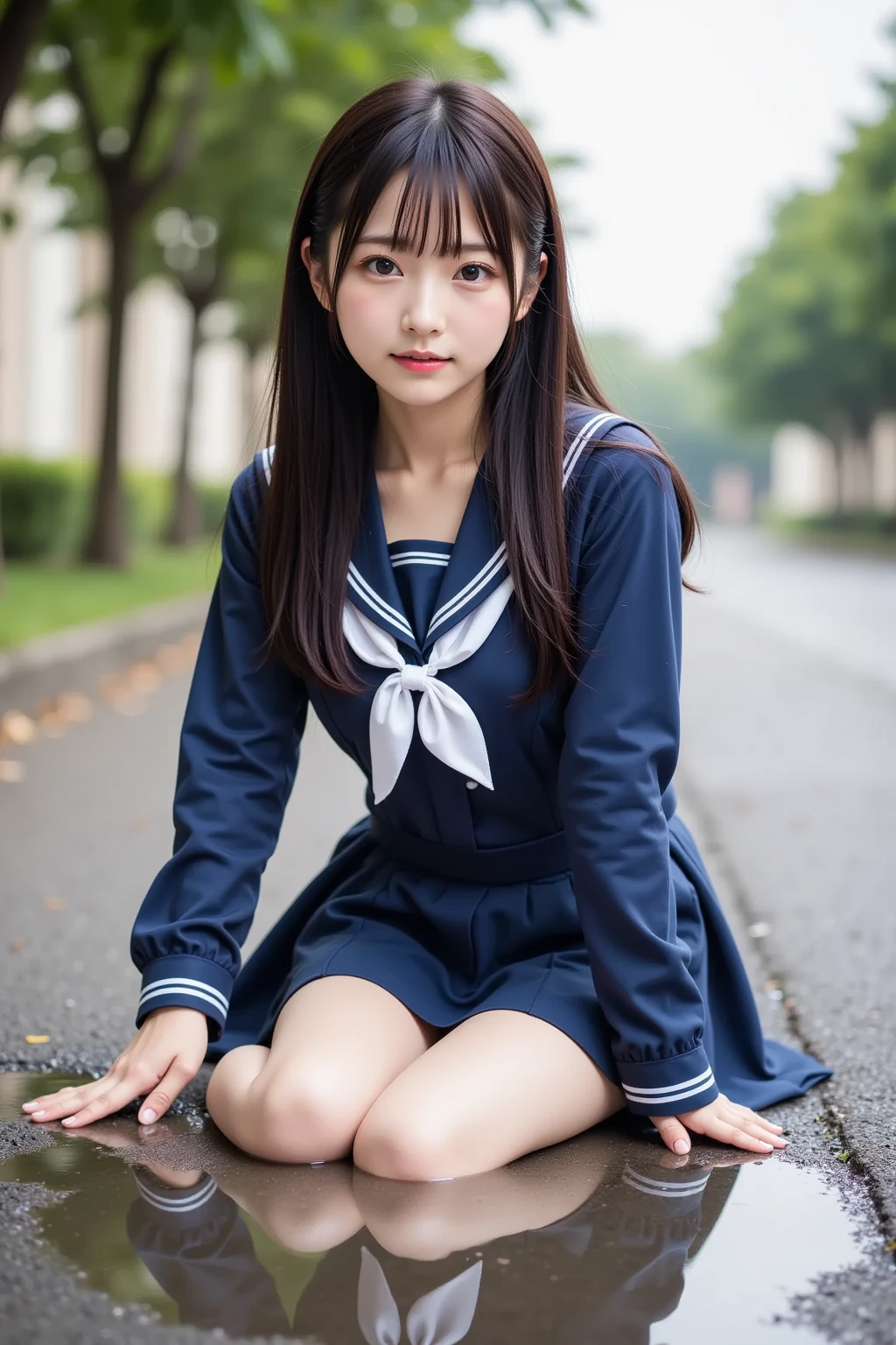  wearing a navy blue skirt and a traditional long-sleeved sailor suit with white accents、Fair-skinned Japanese  ******  professional photo of a girl .  she is sitting on a wet pavement ,  with her legs slightly open ,  Wearing .  composition emphasizes the slight reflection of her white pants in a small puddle .  The image emphasizes her idol-like beauty and 、Clearly ,  smooth skin and delicate facial features .  Soft, Natural Lighting ,  gentle shadows that enhance the texture of the uniform and the reflective surface of the puddle The .  the background is blurred to draw attention to the subject ,  composition creates a quiet yet playful atmosphere, and the .  Photographed with a 50mm lens f  /2. 8 ,  photorealistic aesthetics .