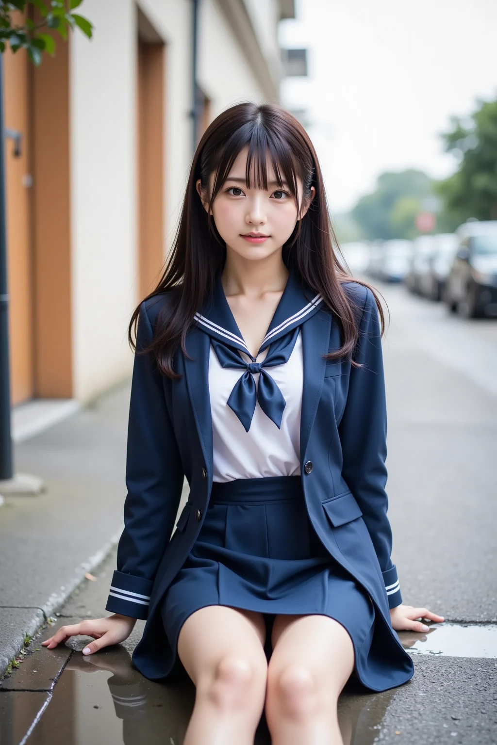  wearing a navy blue skirt and a traditional long-sleeved sailor suit with white accents、Fair-skinned Japanese  ******  professional photo of a girl .  she is sitting on a wet pavement ,  with her legs slightly open ,  Wearing .  composition emphasizes the slight reflection of her white pants in a small puddle .  The image emphasizes her idol-like beauty and 、Clearly ,  smooth skin and delicate facial features .  Soft, Natural Lighting ,  gentle shadows that enhance the texture of the uniform and the reflective surface of the puddle The .  the background is blurred to draw attention to the subject ,  composition creates a quiet yet playful atmosphere, and the .  Photographed with a 50mm lens f  /2. 8 ,  photorealistic aesthetics .