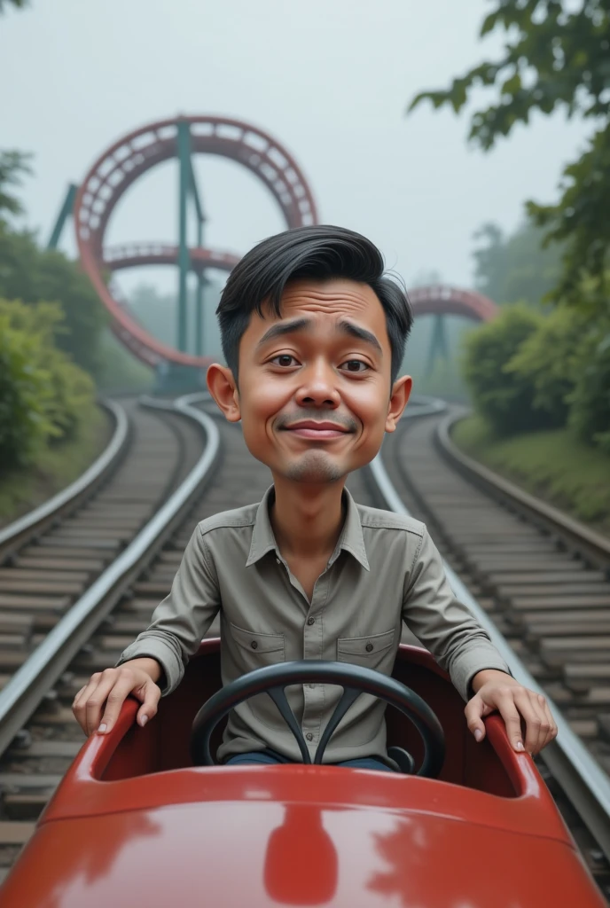  realistic 4d caricature of a young Indonesian man wearing casual clothes riding a long roller coaster alone sitting at the front, flat sad expression