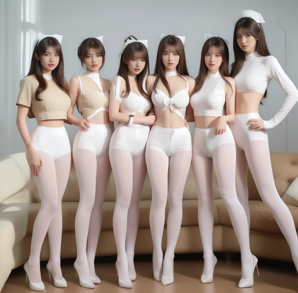 A group of maids，White ass pantyhose，White stockings，Thick white pantyhose，Thick white dancing socks， white heels ，huge tit，Cocked buttocks，Super detail，hyper HD,A high resolution,1080P,Anatomically correct，ccurate，Physical coordination，Photo portrait，slender thigh，Delicatemakeup，Best quality, Masterpiece, 超A high resolution, RAW photo, Beautiful and aesthetic,deepshadow, (photorealistic :1.4), full-body composition, Striking perspective.Naked