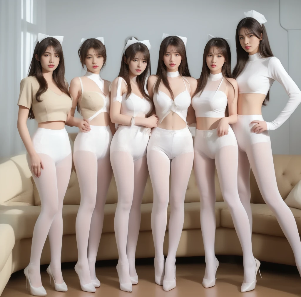 A group of maids，White ass pantyhose，White stockings，Thick white pantyhose，Thick white dancing socks， white heels ，huge tit，Cocked buttocks，Super detail，hyper HD,A high resolution,1080P,Anatomically correct，ccurate，Physical coordination，Photo portrait，slender thigh，Delicatemakeup，Best quality, Masterpiece, 超A high resolution, RAW photo, Beautiful and aesthetic,deepshadow, (photorealistic :1.4), full-body composition, Striking perspective.Naked