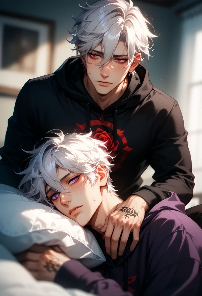male people(white hair、short-haired、Allback、40s、yakuza)、femele(A dark-haired、short-cut、20s、Pill glasses)、Men and women in love、A man and a woman sit together on the sofa and drink coffee