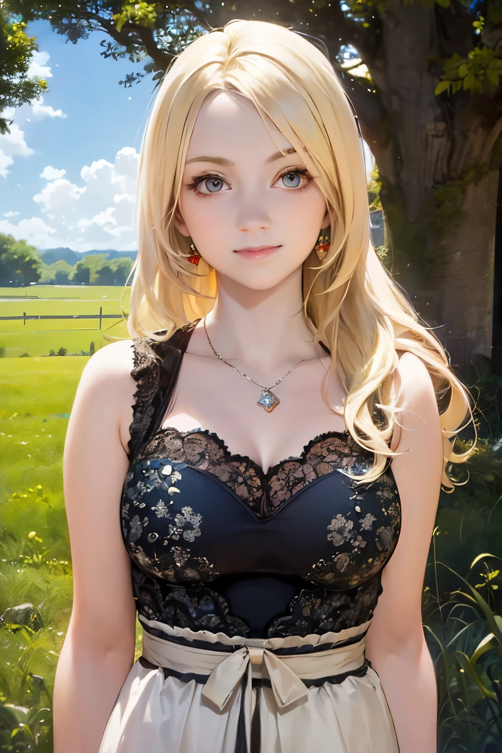 a girl standing in a field, blonde hair, radiant smile, whimsical expression, beautiful detailed eyes, beautiful detailed lips, extremely detailed face, long eyelashes, wearing a colorful flowing dress, fantasy magical realism style, glowing ethereal lighting, vibrant nature environment, lush green grass, blue sky with wispy clouds, golden hour warm tones, (best quality,4k,8k,highres,masterpiece:1.2),ultra-detailed,(realistic,photorealistic,photo-realistic:1.37)