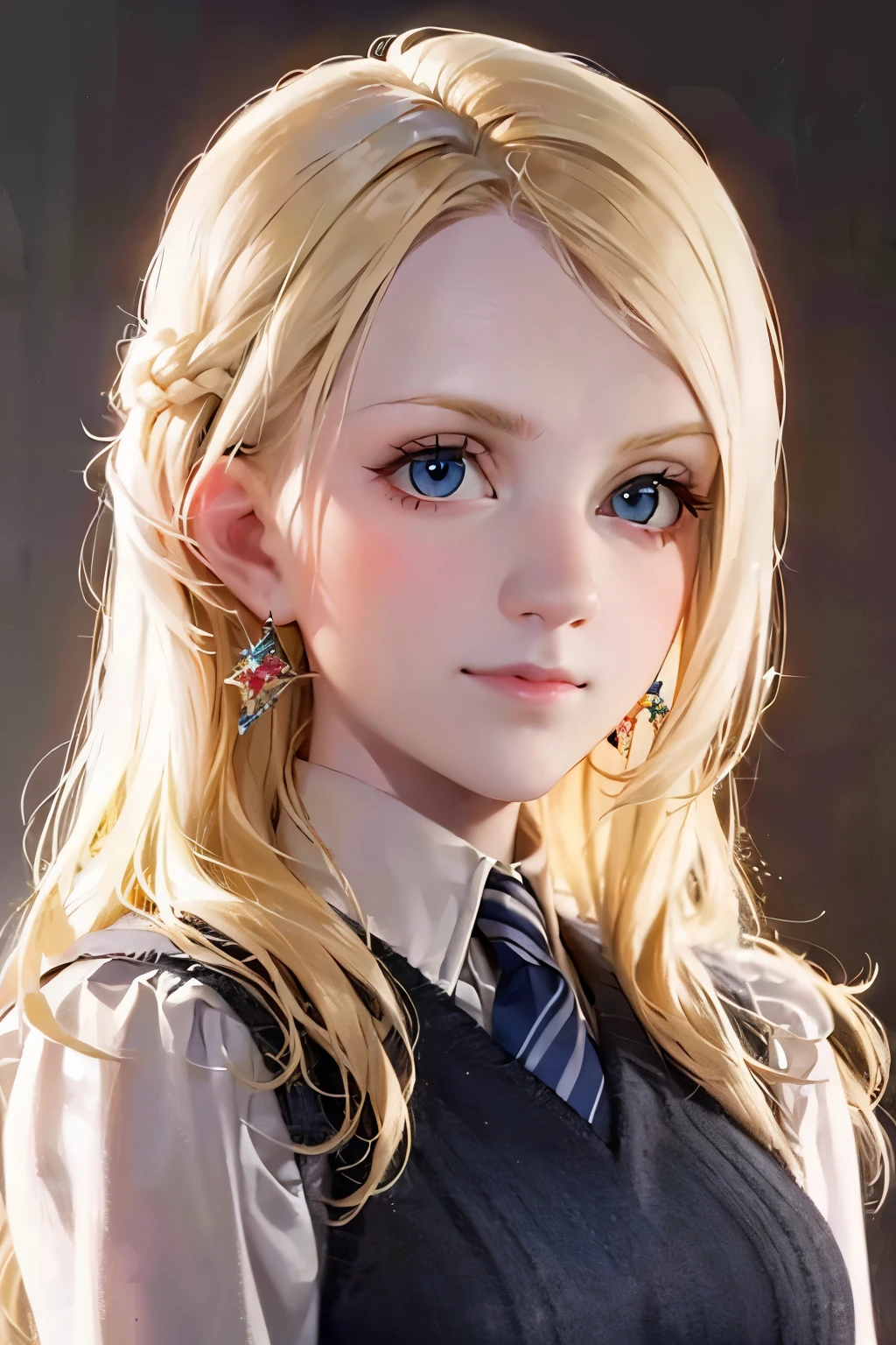 A beautiful young girl with long blonde hair, dreamy blue eyes, and a whimsical expression, 1girl, extremely detailed eyes and face, longeyelashes, delicate facial features, Luna Lovegood, magical fantasy, portrait, cinematic lighting, ethereal, radiant skin, intricate details, soft color palette, glowing aura, impressionistic, (best quality,4k,8k,highres,masterpiece:1.2),ultra-detailed,(realistic,photorealistic,photo-realistic:1.37) De pie,