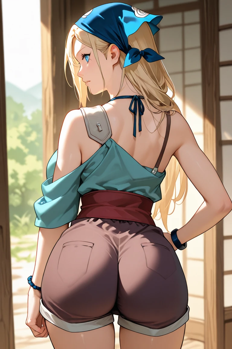 multiple thick body tsunade lying down front side on bed with view of konoha, show little  back side, raised hips, tsunade robe tsunade jacket, tongue kissing