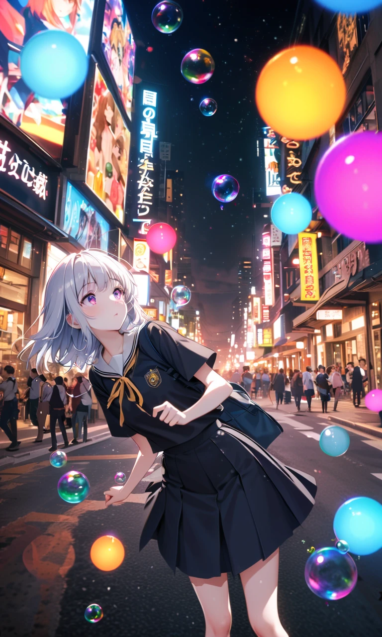 (woman\(student, 20-year-old, ＪＫ, Short silver hair floating, Space-colored eyes, school black uniform, Pale skin) Looking up at the sky), (A large glass-colored whale swims in the air), Beautiful sky, Beautiful Clouds, Colorful summer flowers are blooming everywhere., (Transparent bubbles shine like prisms here and there in the sky), There is a noon moon and a noon star in the sky, In a crowded downtown, break ,quality\(8k,extremely detailed CG unit wallpaper, masterpiece,High resolution,top-quality,top-quality real texture skin,Surreal,Increase the resolution,RAW Photos, top quality,Very detailed,wallpaper,Cinema Lighting,Ray-tracing,Golden Ratio\),(Long Shot),Wide Shot,