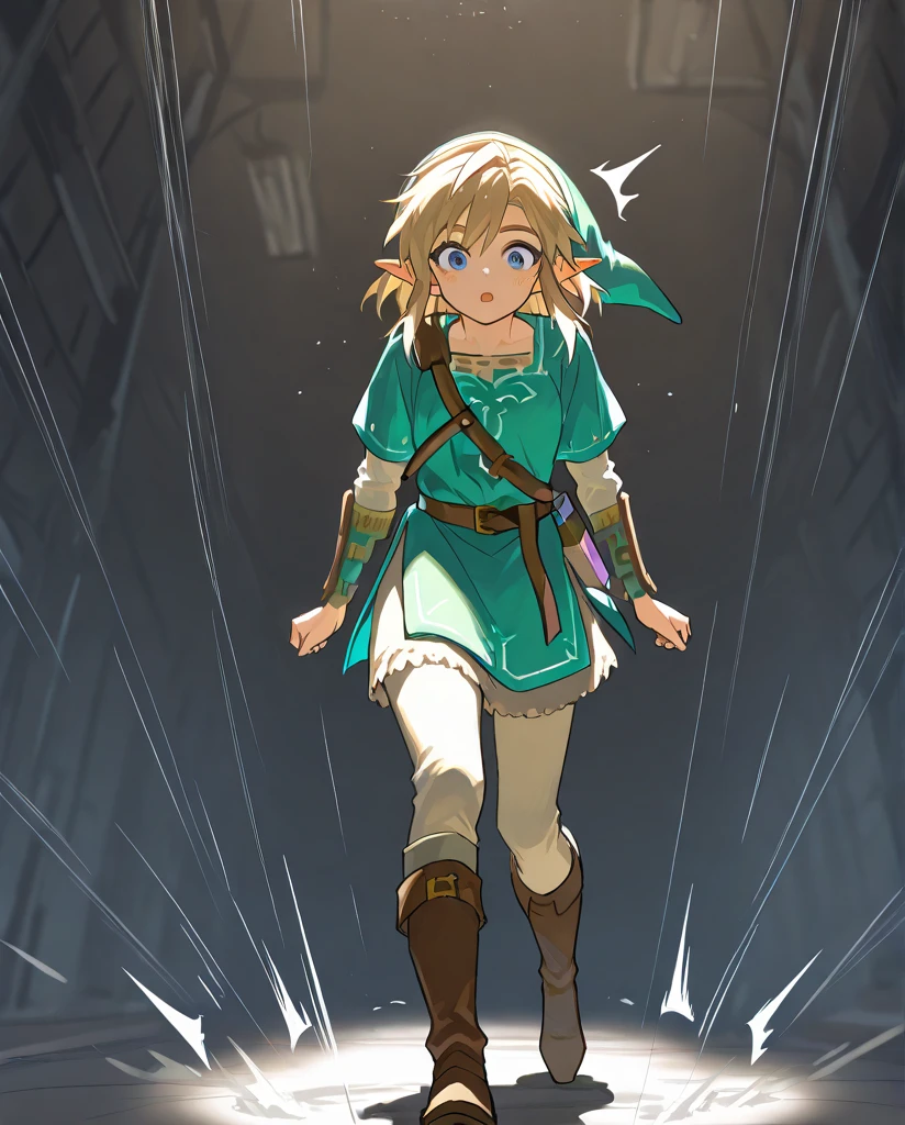 (masterpiece:1.4), (best quality:1.4),Motion Lines, Motion Blur, Cinematic Lighting, High resolution, cute, sketched, sketch lines, full body, 


link, blonde hair, blue eyes, hat, pointy ears, green tunic, belt, boots, adult, 

Genderbent, make to female, surprised and flistered, 