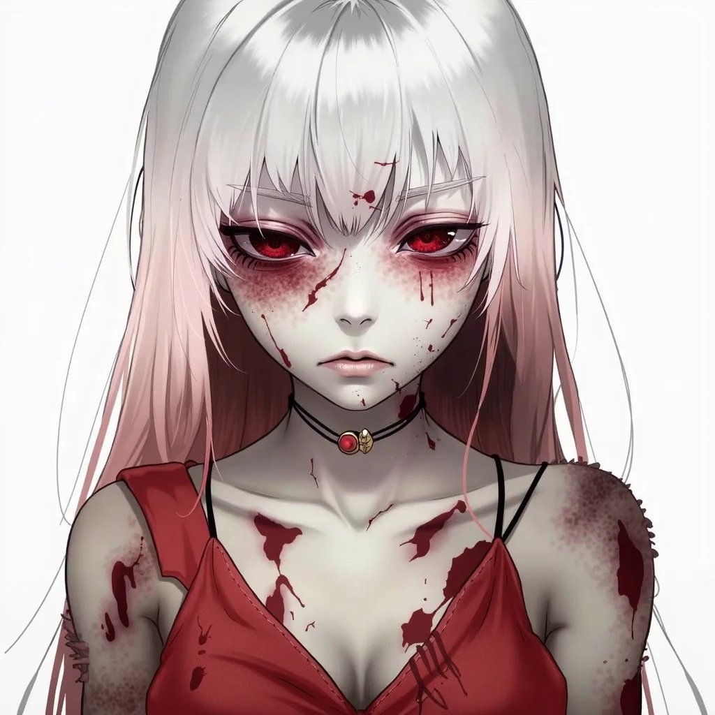 White haired girl Red eyes. Scars on her eye and very big lips Pink dress.
Broken anime style background Damaged face with scar , a long one on his eye and lip Rough dead look