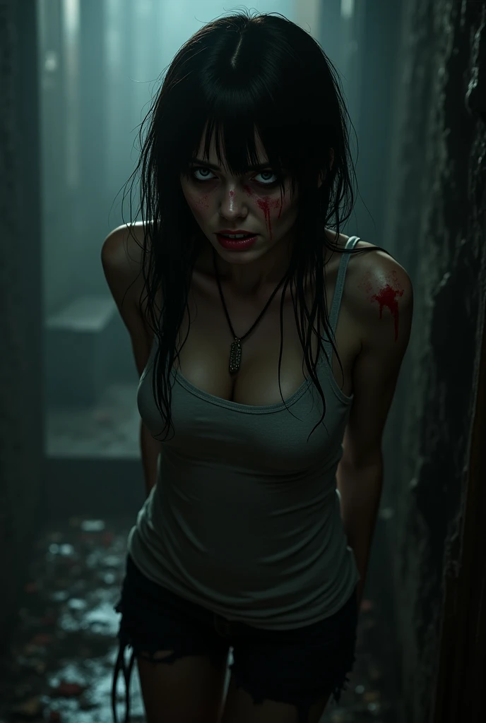 top-quality、masterpiece、超A high resolution、(Photorealsitic:1.5)、Raw foto、1girl in、murky、deep-shadows、Unobtrusive、cold light、sexy appearance、shorth hair、((very_short_hair)), naked portrait, nude photography, shiny nipple, long hairstyle, perfect armpit