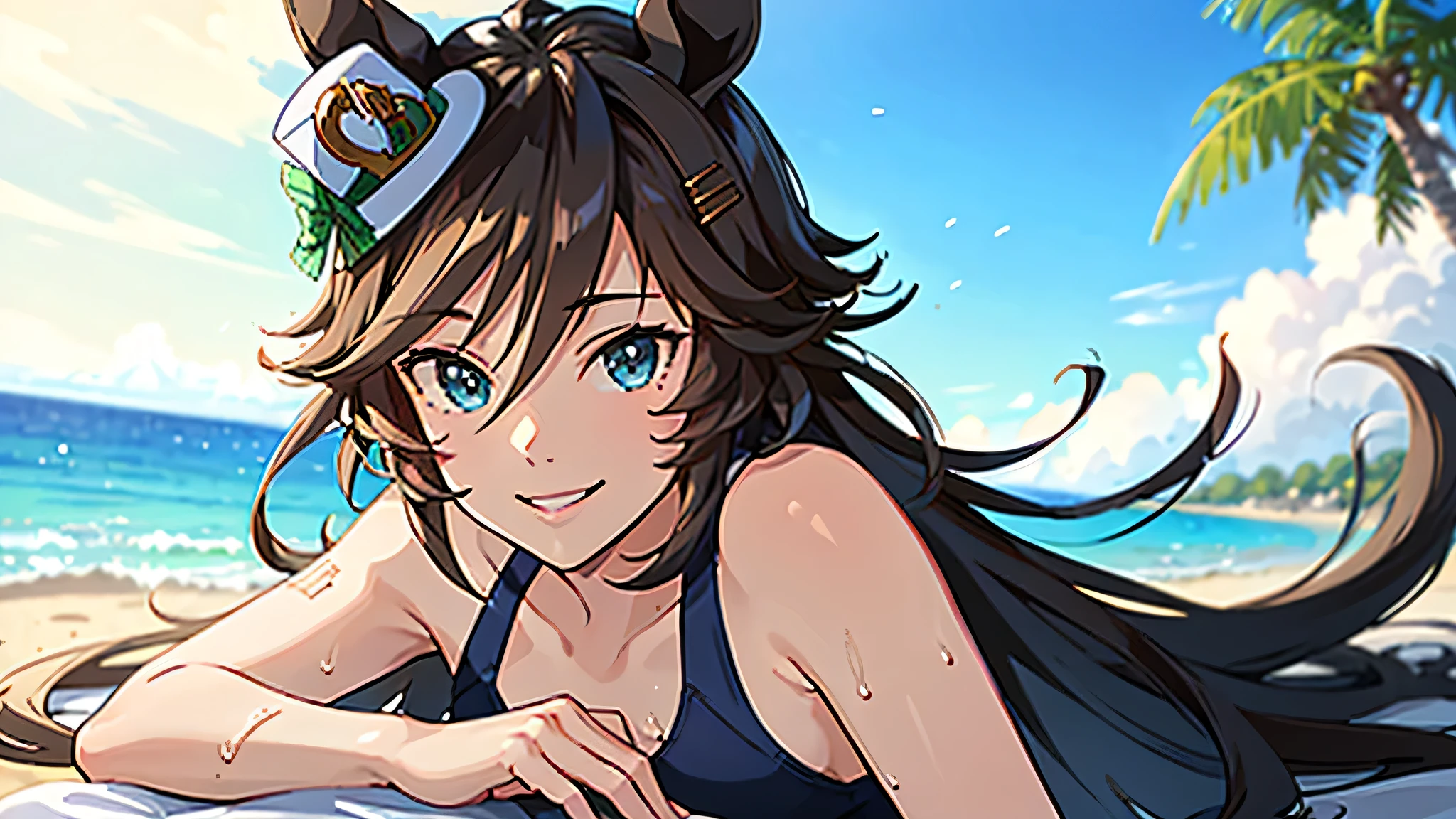 ((8k, 16k, highest quality, masterpiece, very detailed, super detailed, ultra high resolution:1.3, official art, realistic anatomy)), semi-realistic illustration:0.6, (((1 girl in))), , NSFW, pretty girl, (), (shining eyes:1.2, highlight eyes), (beautiful eyes, perfect eyes), mr. c.b. \(umamusume\), (brown horse tail, brown horse ears, brown long hair), (small breasts), beautiful face, blush, (((looking at the viewer))), ((see-through, swim wear, sexy bikini)), (((cute smile:1.2))), (((on the beach))), (((sunny day, daytime))), (face focus:1.2), skinny, (close up:1.3, dynamic angle), young body, (soft warm lighting, Natural light in summer), ((detailed background))