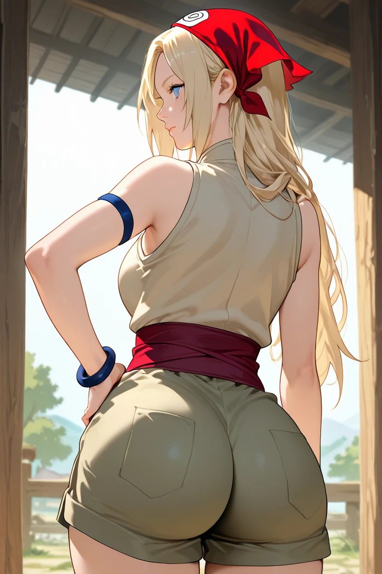 1girl, solo, multiple colored hairs, tiger tail, smile, leaning forward, outside, charm posing, background, amazon warrior outfit, ponytail, (view from behind), 20 years old, (tomboy), blonde hair, (big fat ass), voluptuous, high details, amazon fundoshi, sharp detailed face, detailed eyes, well-used pussy, mature, long and wild amazon hair, amazon, long hair, tattoo, tanned, in a tribal village with leaf huts and tents, SFW, huge breasts, fur, tiger ears, toned body, amazon outfit, (ikuchan),