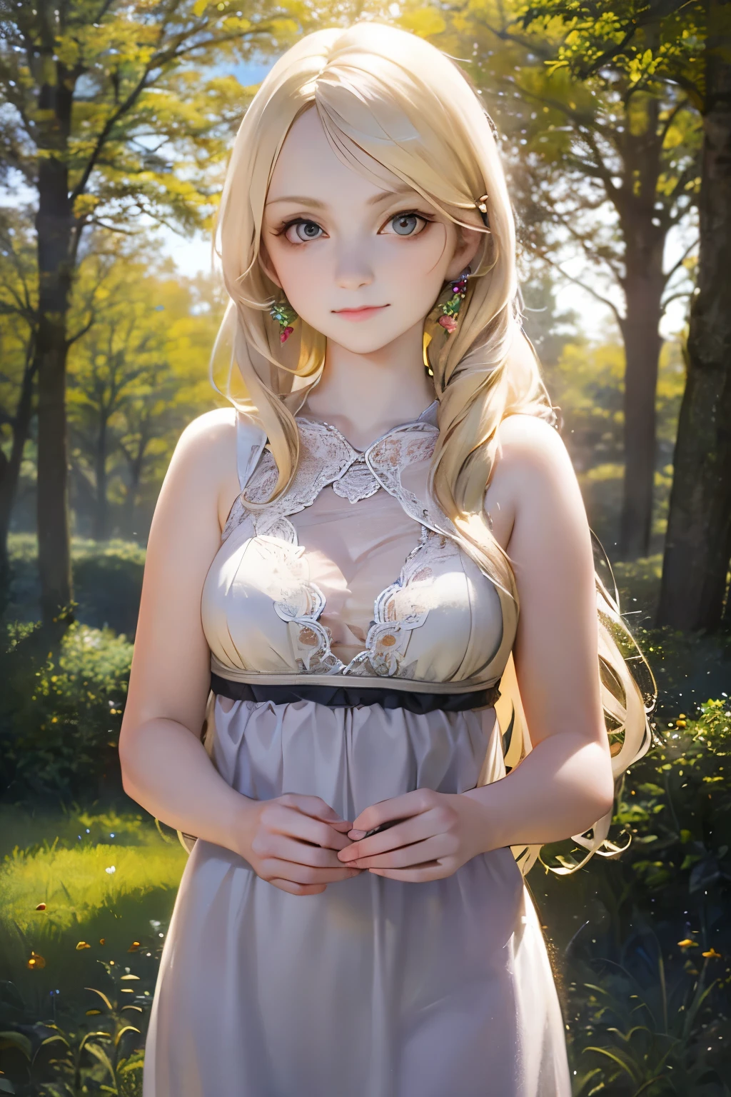 a beautiful girl with long blonde hair, big dreamy eyes, a kind gentle expression, wearing a long white dress, standing in a field of flowers, sunlight shining through the trees, cinematic lighting, fantasy, ethereal, whimsical, soft pastel colors, (best quality,4k,8k,highres,masterpiece:1.2),ultra-detailed,(realistic,photorealistic,photo-realistic:1.37)