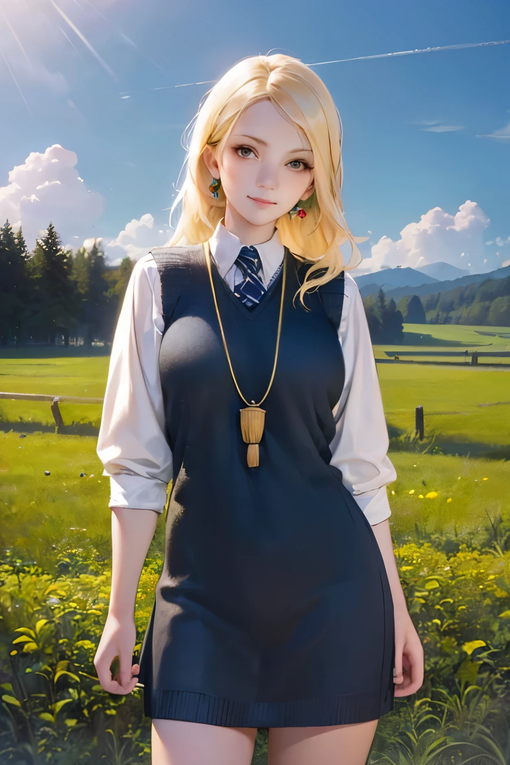 a girl standing in a field, blonde hair, radiant smile, whimsical expression, beautiful detailed eyes, beautiful detailed lips, extremely detailed face, long eyelashes, wearing a colorful flowing dress, fantasy magical realism style, glowing ethereal lighting, vibrant nature environment, lush green grass, blue sky with wispy clouds, golden hour warm tones, (best quality,4k,8k,highres,masterpiece:1.2),ultra-detailed,(realistic,photorealistic,photo-realistic:1.37)