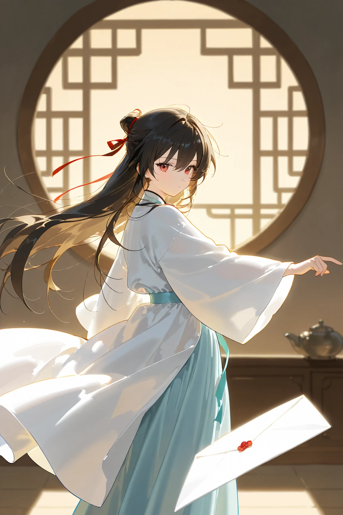 
score_9, score_8_up, score_7_up, high detailed, high quality, masterpiece, no text, quality highlights, 8k detail, detailed background, source_anime, dynamic view, ultra-detailed,

Ancient oriental style, Hanfu, black long hair, Imagine a young man writing a letter to a girl he admires deeply. In this letter, he should describe the admiration he feels for her beauty, both inside and out. He should reflect on how her presence has touched his life and the ways he shows his care for her. Share moments that have made his feelings grow stronger and express his hopes for their future together. Use descriptive language to capture his heartfelt emotions and the genuine affection he has for her.