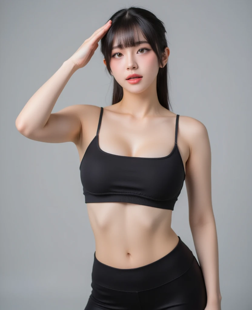 ((Top Quality、8K、masterpiece:1.3))、a tall and beautiful woman、Perfect Figure:1.4、Slim Abs、dark brown hairstyle、shorth hair、Light grey yoga pants、No postural movement、Stand up straight、Huge bust、Highly detailed facial and skin texture、A detailed eye、Double eyelidd、Cold-stricken face、Royal sisters full of fans、Telegraph Esbian、peach buttocks、Small sports bra、squart、(Raw foto:1.2)、((Photorealcitic:1.4))Top Quality、masterpiece、illustratio、very delicate and beautiful.、super detailed CG、Unity、8K photo wallpaper、delicate detail、best qualtiy、Highly detailed CG unity 8k wallpaper、absurderes、Incredibly Absurd、huge file size、extremely highly detailed、Hight Resolution、ighly in detail、Beautiful detail girl、extremely detailed eyes and face、beautiful delicate eyes、Facial light、cinematic lightings、1girll、see -through,Watch your audience,plein air,Sunny and cheerful、high ponytail、a sporty girl、ulzzang-6500、Telegraph Esbian、yoga clothes、Sportsgirl、gym、Tranning、Exercise、machinery