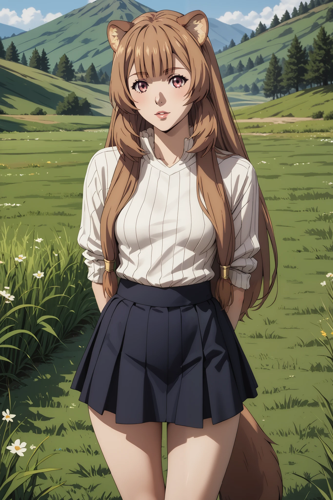 Masterpiece, extremely detailed,4k,solo, 1girl, raphtalia, long hair,full body ,perfect slim body ,long legs,arms behind back,perfect slim body,big boobs, ((kawai face)),Klimaks ekspression,(thin lips),white tshirt, mini skirt, cowboy shoot,((grass)), Front look, looking at viewers