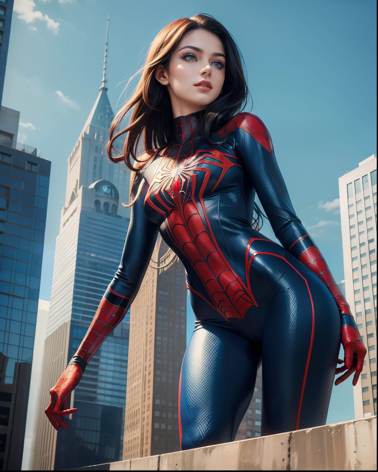 jortega:1.5, (1girl:1.3), solo, very detailed eyes and face and body, official art, unified 8k wallpaper, super detailed, beautiful and beautiful, beautiful, masterpiece, best quality, original, masterpiece, super fine photo, best quality, super high resolution, realistic realism, sunlight, full body portrait, amazing beauty, dynamic pose, delicate face, small breasts, vibrant eyes, (from the front), she is wearing a Spider-Man suit, red and blue color scheme, spider, very detailed city roof background, rooftop, overlooking the city, detailed face, detailed complex busy background, messy, gorgeous, milky white, highly detailed skin, realistic skin details, visible pores, clear focus, volumetric fog, 8k uhd, DSLR, high quality, film grain, fair skin, photo realism, lomography, futuristic dystopian giant metropolis, translucent